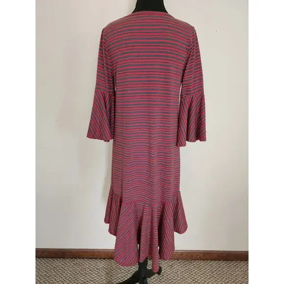 LuLaRoe Maurine Dress Women's Small Red Gtay Striped Bell‎ Sleeve - Picture 2 of 7